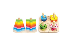 2PK 19pc Hape Double Rainbow Stacker & Creative Puzzle Shapes Kids Wooden Toy