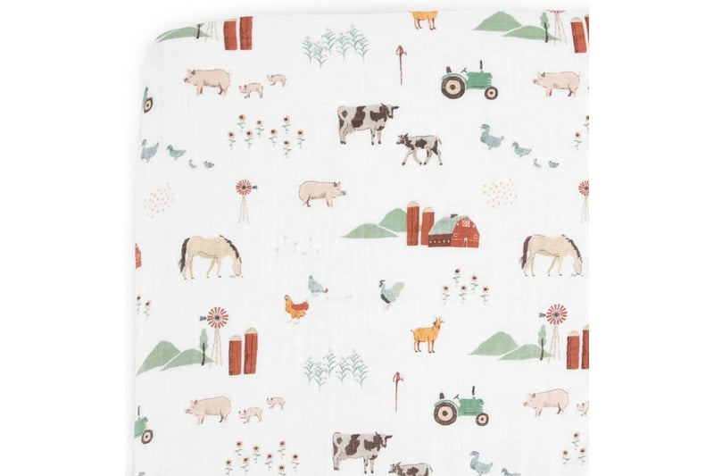 Little Unicorn: Muslin Fitted Cot Sheet - Farmyard