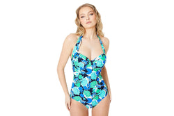 Gorgeous Womens/Ladies Bold Blooms Tummy Control One Piece Swimsuit (Blue/Green) (38FF)