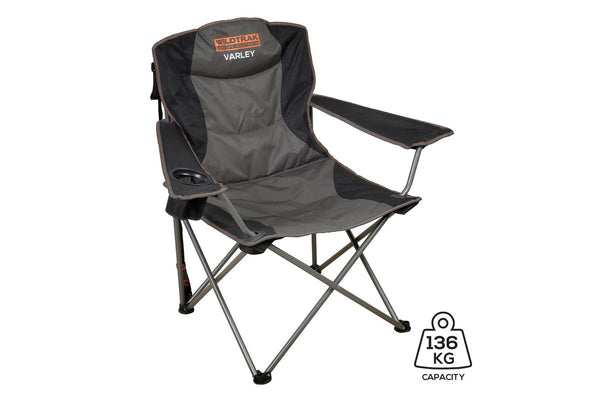 Wildtrak Varley 100cm Camp Chair Foldable Camping Seat w Cup Holder Grey Black