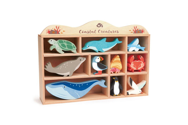 10pc Tender Leaf Toys 36cm Coastal Animal Wooden Toy Set w Display Shelf Kids 3+