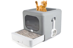 Large Cat Litter Box Foldable with Lid, Plastic Scoop, Drawer Top Entry, Anti-Splash, Leak Proof Kitty Toilet (Grey)