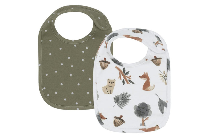 2pc Living Textiles Children's Cotton Feeding Bibs Forest Retreat Olive Dots