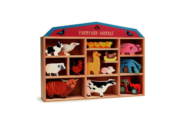 13pc Tender Leaf Toys 36cm Farmyard Animal Wood Toy Set w Display Shelf Kids 3y+