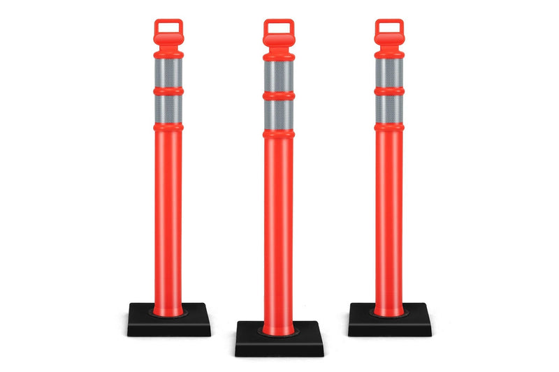 Costway 3 PCS Traffic Posts Set Parking Bollards Outdoor security Barrier w/Rubber Base/Strips/Handle