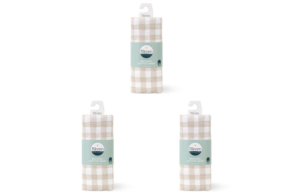 3x Little Haven Brushed Cotton Natural Check Soft Cozy Baby Wrap Blanket 100cm