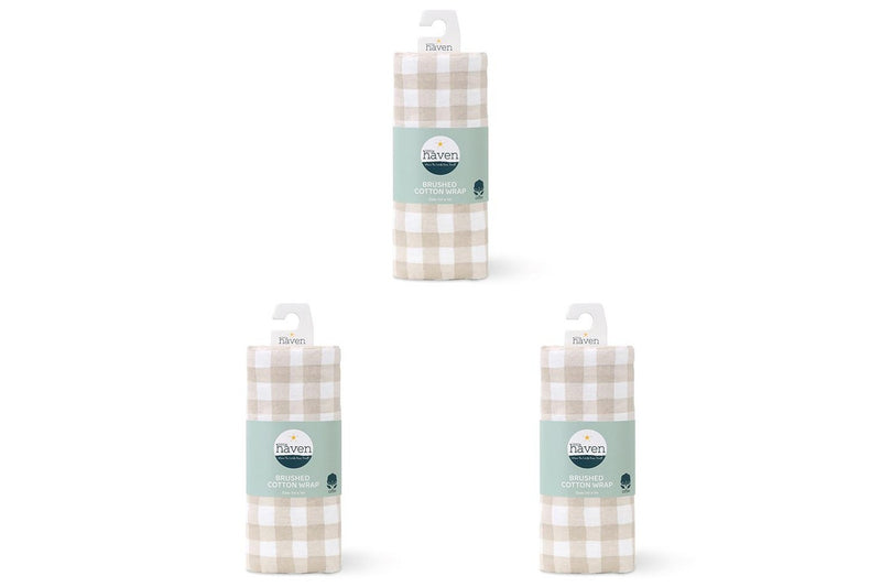 3x Little Haven Brushed Cotton Natural Check Soft Cozy Baby Wrap Blanket 100cm