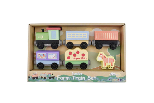 7pc Kaper Kidz Sundae Wooden Farm Train Animal Set Kids Childrens Toy 18M+