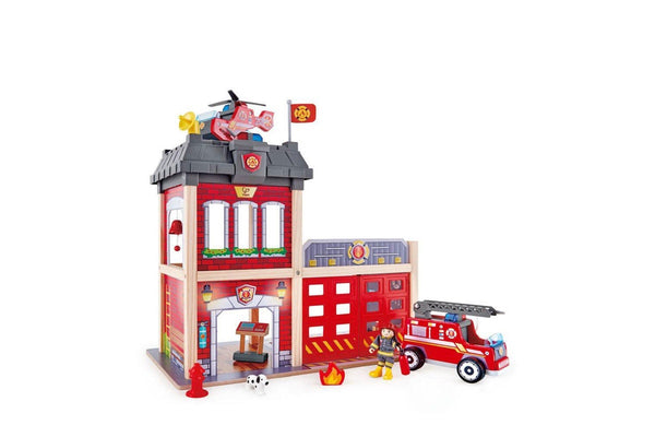 13pc Hape 60cm City Fire Station Kids 3y+ Wooden Toy w Fire Fighter Dog Figures