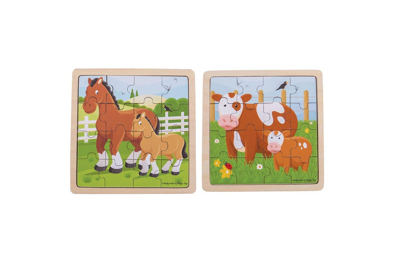 2x 16pc Bigjigs Toys 18cm Horse Foal & Cow Calf Puzzle Kids Wooden Toy Combo 2y+