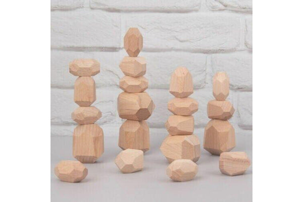 16PC Wood Toy Creative Wooden Colored Stacking Balancing Stone Building Blocks