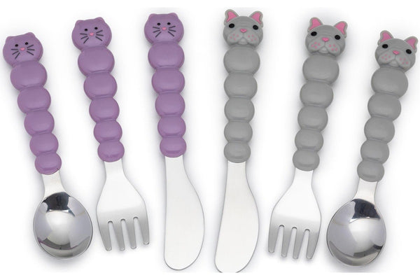 Melii: Cat & Bulldog Utensil Set - Purple + Grey (6pc Set)