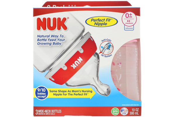 NUK Bottle with Perfect Fit Nipple 0+ Months Medium Feed Pink - 3 Wide Neck BPA Free Bottles (300ml each)