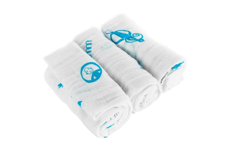 3PK Matchstick Monkey 70cm Organic Cotton Muslin Baby Infant Child Blanket Blue