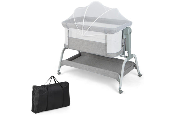 Costway 4in1 Cot Bed Mobile Bedside Sleeper Portacot Cradle w/Net & Storage Basket, Grey