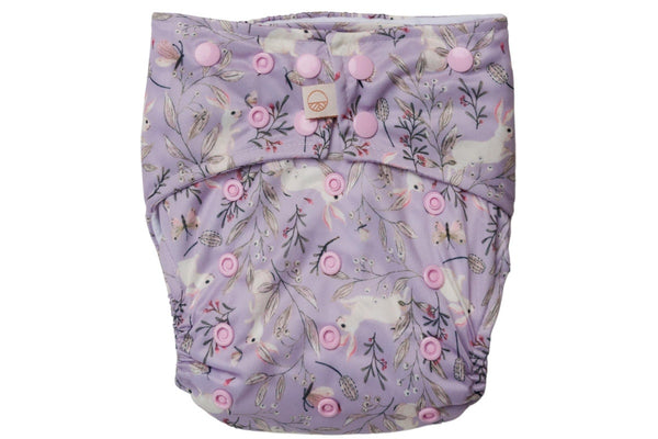 Nestling: Sassy Snap Nappy Cover - Lilac Bunnies