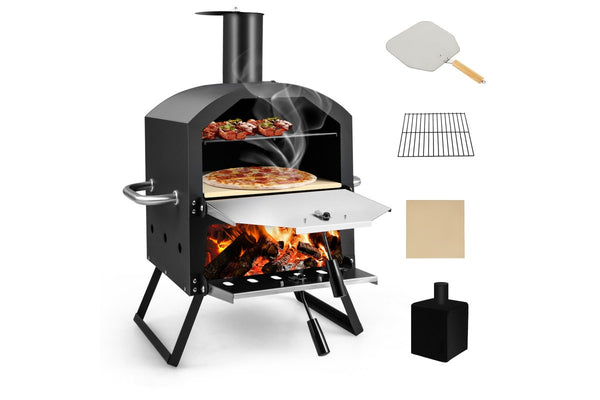 Costway 2-Layer Pizza Oven Portable BBQ Grill Pizza Maker Charcoal Wood Fired w/Waterproof Cover&Pizza Stone