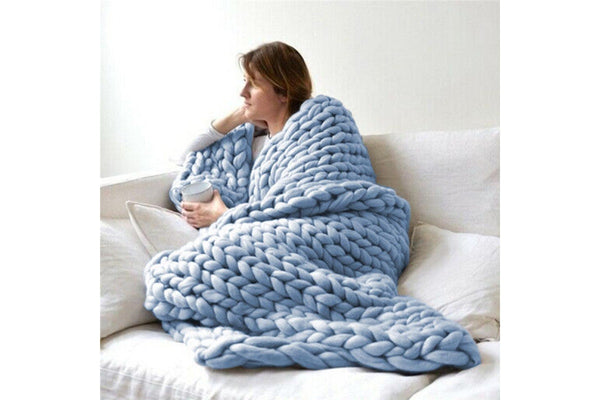 100 x 120cm Chunky Knitted Blanket Throw Blanket Thick Yarn Blanket-Blue