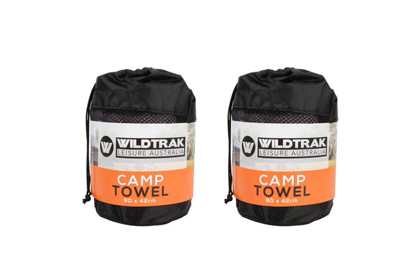 2x Wildtrak Quick Dry 90cm Camp Towel Rectangle w Bag Outdoor Camping Small Grey