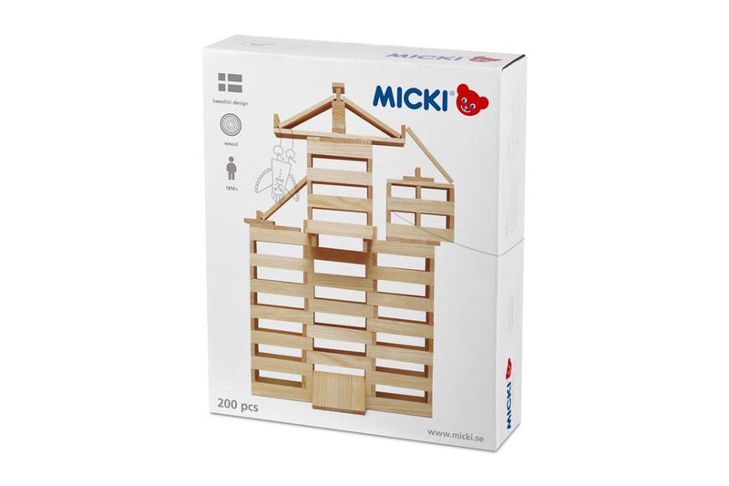 200pc Micki Natural Building Planks Kids Children Fun Wooden Toy w Bag 18m+