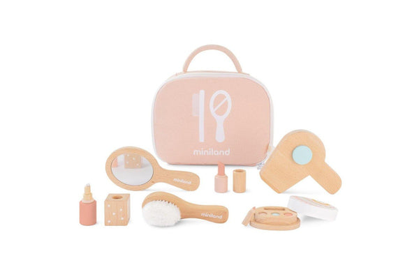 7pc Miniland Doll Kids Children Play Wooden Beauty Set w Zippered Hand Bag 3y+