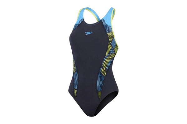 Speedo Womens/Ladies Placement Laneback One Piece Swimsuit (Navy/Yellow) (10 UK)