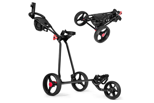 Foldable 3 Wheel Golf Push Cart Golf Buggy Golf Pull Trolley w/Scorecard & Drink Holder & Mesh Bag & Sand Bucket Hook