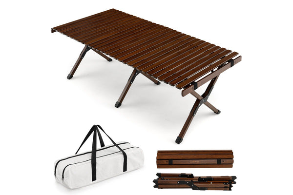 Costway Portable Egg Roll Camping Table Folding Bamboo Picnic Table Camping table Outdoor w/Carry Bag Brown