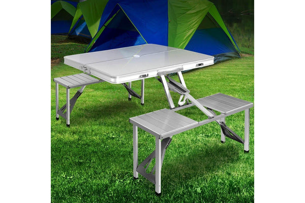 Weisshorn Folding Camping Table Outdoor Picnic BBQ With 2 Bench Chairs Set