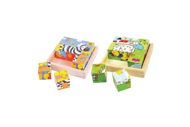 2PK Bigjigs Toys 10.5cm Safari & Animal Cube Puzzle Kids Wooden Toy Combo 18m+