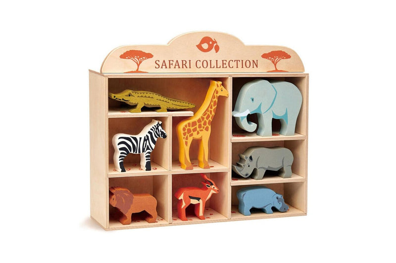 8pc Tender Leaf Toys 38cm Safari Animal Wooden Toy Set w Display Shelf Kids 3y+