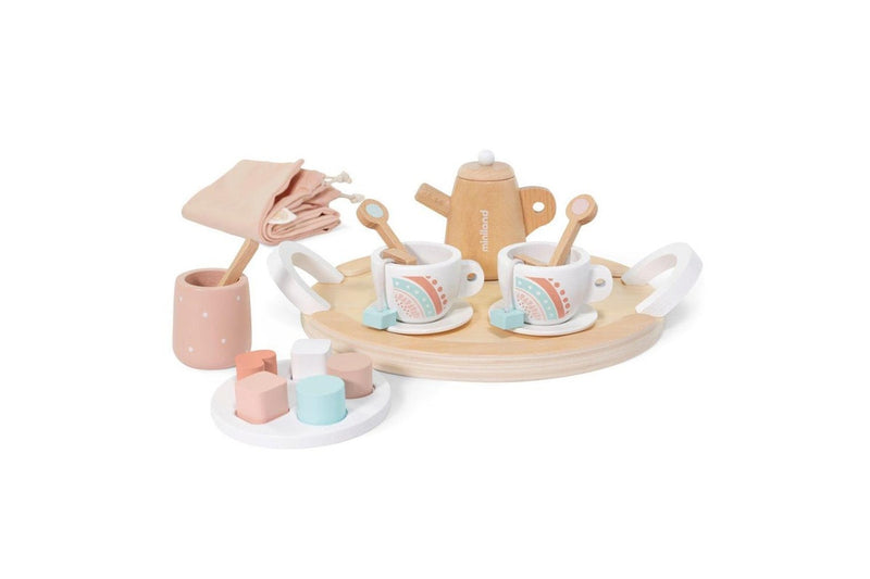 19pc Miniland Doll Kids Children Fun Wooden Tea Set Pretend Toy w Carry Bag 3y+