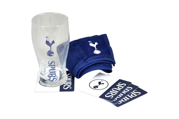 Tottenham Hotspur FC Official Wordmark Mini Football Bar Set (Pint Glass, Towel & Beer Mats) (Navy/White) (One Size)