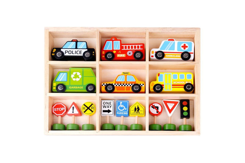 16pc Tooky Toy Wooden Transportation & Street Sign Vehicles 3y+ Kids Toddler