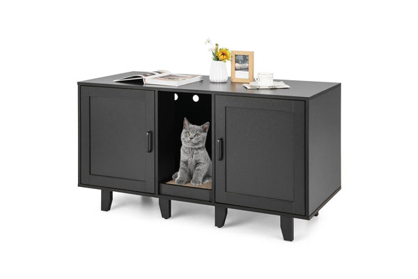 Costway Wooden Cat Litter Storage Cabinet Double Door Cat House w/Scratch Pad Black