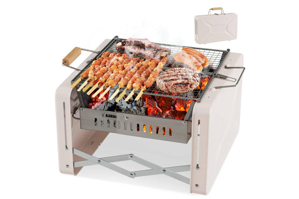 Costway Portable Charcoal Grill Folding BBQ Grill Outdoor Camping Grill w/Foldable Body & Charcoal Box Beige