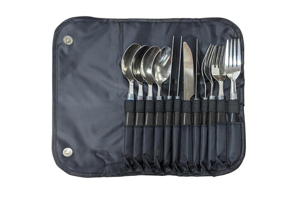 12pc Wildtrak Stainless Steel Outdoor Cutlery Set w Roll Up Travel Pouch Black