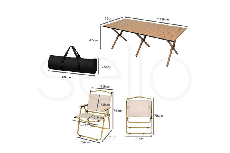 Levede Folding Camping Table Chair Set Portable Brown