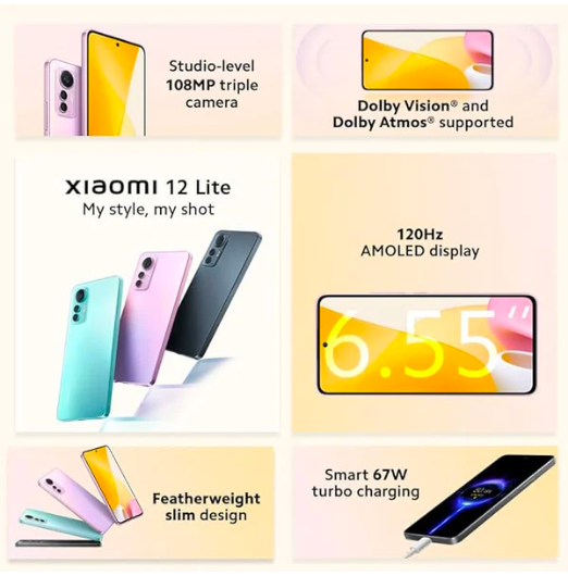 Xiaomi 12 Lite 5G Smartphone + Headphones, 8 + 128 GB Mobile Phone Without Contract, 6.55 Inch 120 Hz AMOLED Display, Black