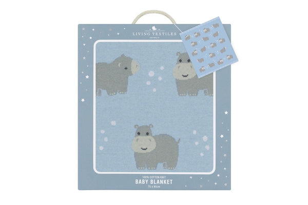 Living Textiles Whimsical 85cm Cotton Baby Blanket Pram Comforter Hippo Blue