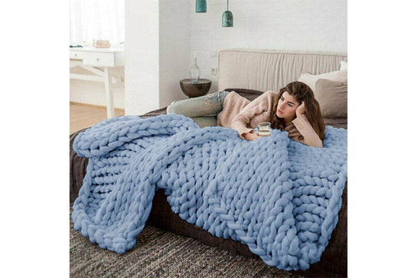 100 x 120cm Chunky Knitted Blanket Throw Blanket Thick Yarn Blanket-Blue