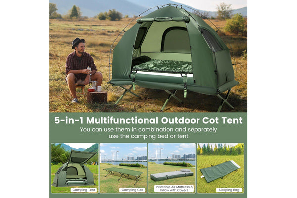 Costway 5-in-1 Camping Tent Stretcher Single Portable Pop-up Tent Cot w/Air Mattress Sleeping Bag 194cm