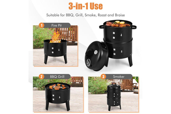 3in1 Portable Charcoal BBQ Vertical Smoker Roaster Grill Steel Water Steamer