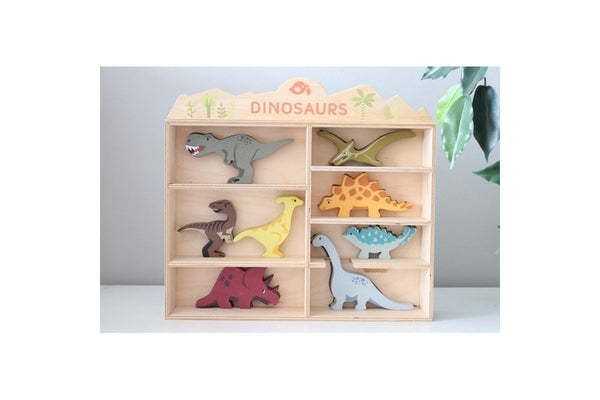 8pc Tender Leaf Toys 36cm Dinosaur Wooden Toy Set w Display Shelf Kids 3y+