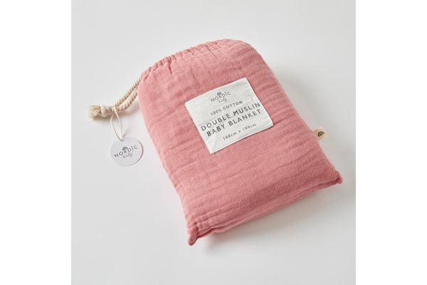 Nordic Kids Baby Muslin Cotton Double Blanket w Bag For Cot Pram Dusty Rose