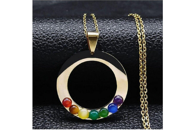 Sacred Geometry 7 Chakra Round Necklace Reiki Jealing Stainless Steel Gold