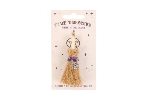 Peace Broomstick Amethyst Car Charm Wicca Cleanse Broom - 9cm