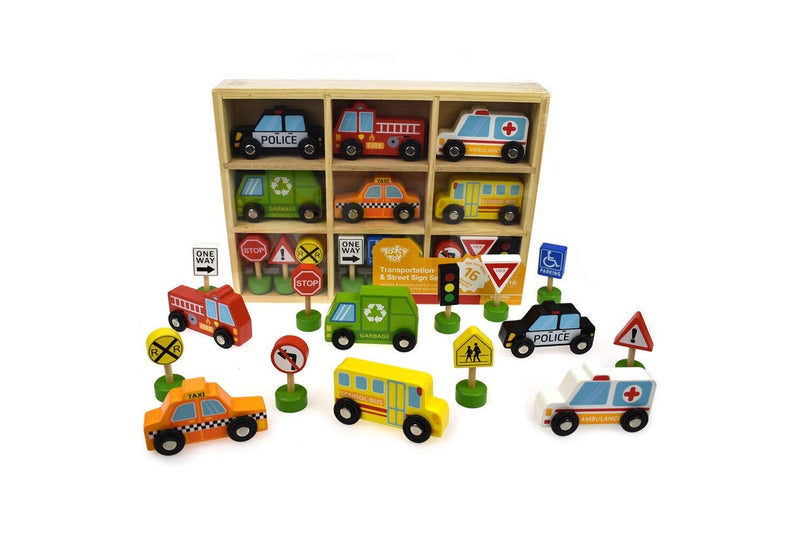 16pc Tooky Toy Wooden Transportation & Street Sign Vehicles 3y+ Kids Toddler