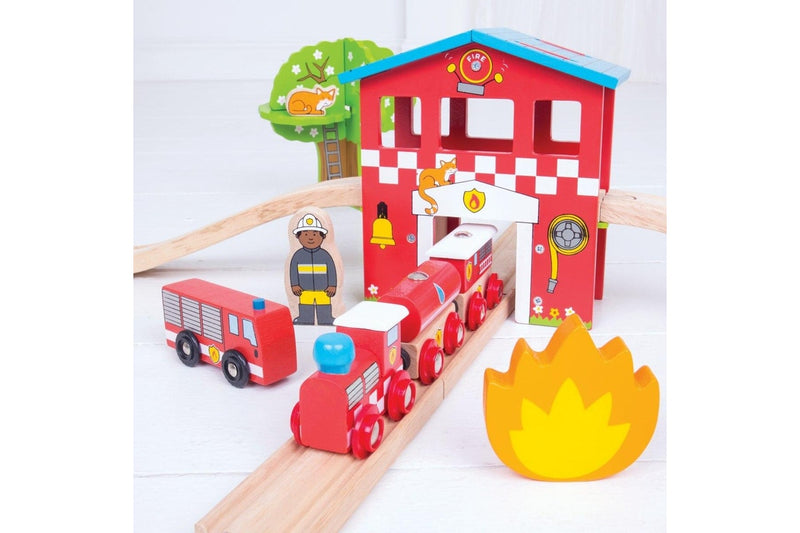 39pc Bigjigs Rail Fire Station Train Set Kids Fun Interactive Wooden Toy 3y+