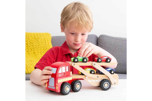 New Classic Toys 27cm Car Transporter w 4 Vehicles Kids Wooden Fun Toy 12m+